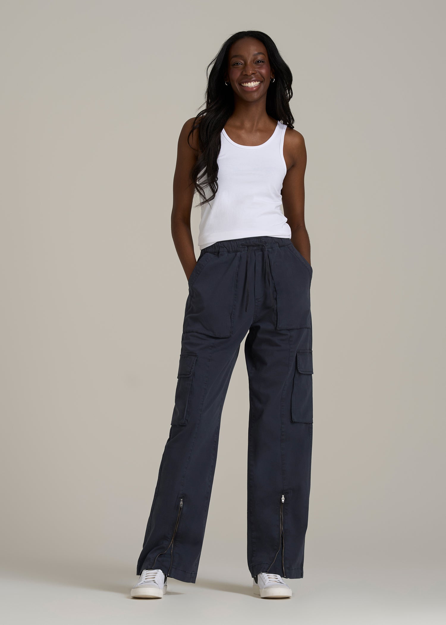 High Rise Garment Dyed Baggy Cargo Pants for Tall Women in Deep Navy