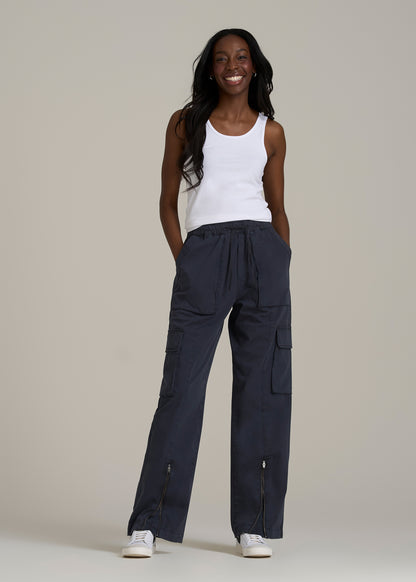 High Rise Garment Dyed Baggy Cargo Pants for Tall Women in Deep Navy