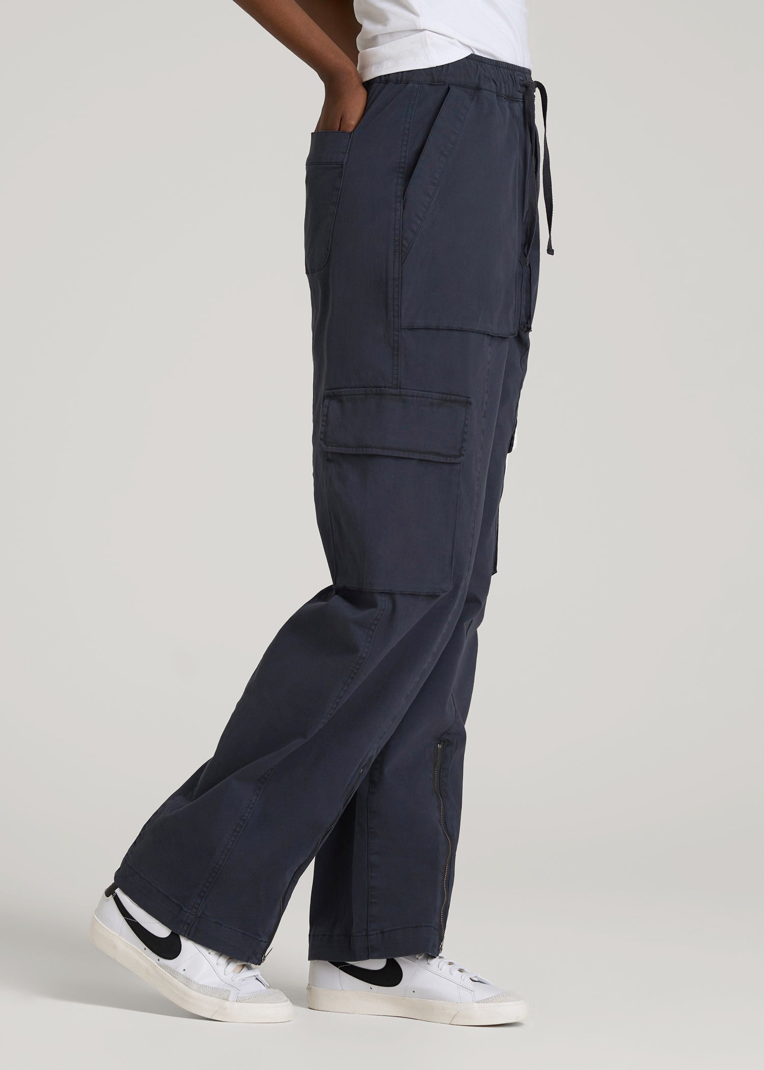 High Rise Garment Dyed Baggy Cargo Pants for Tall Women in Deep Navy