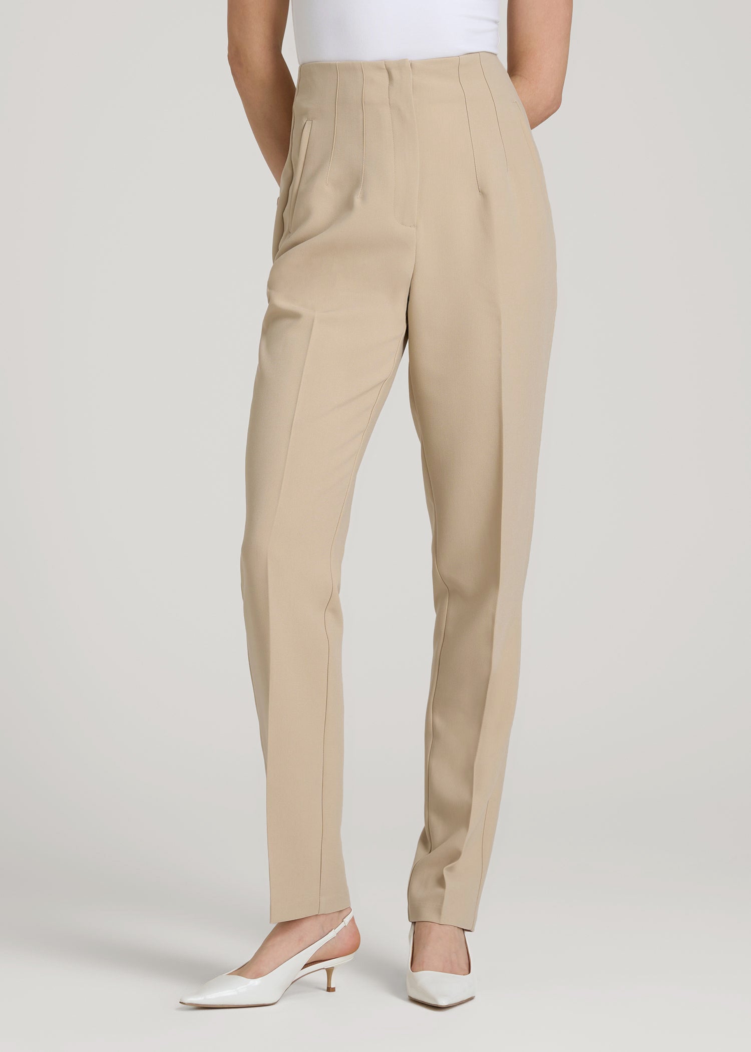 High Rise Pants with Darts for Tall Women in Light Camel