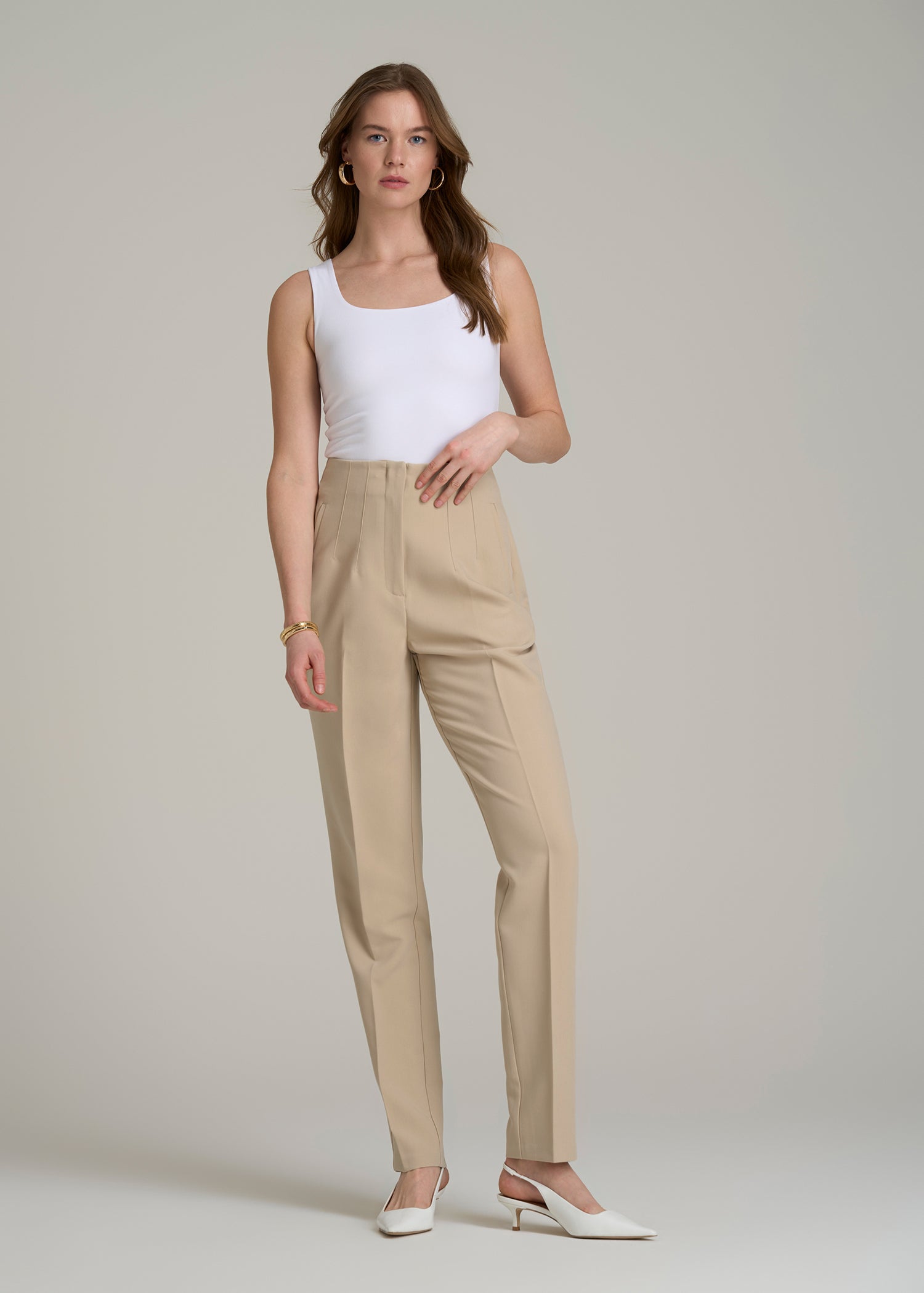 High Rise Pants with Darts for Tall Women in Light Camel