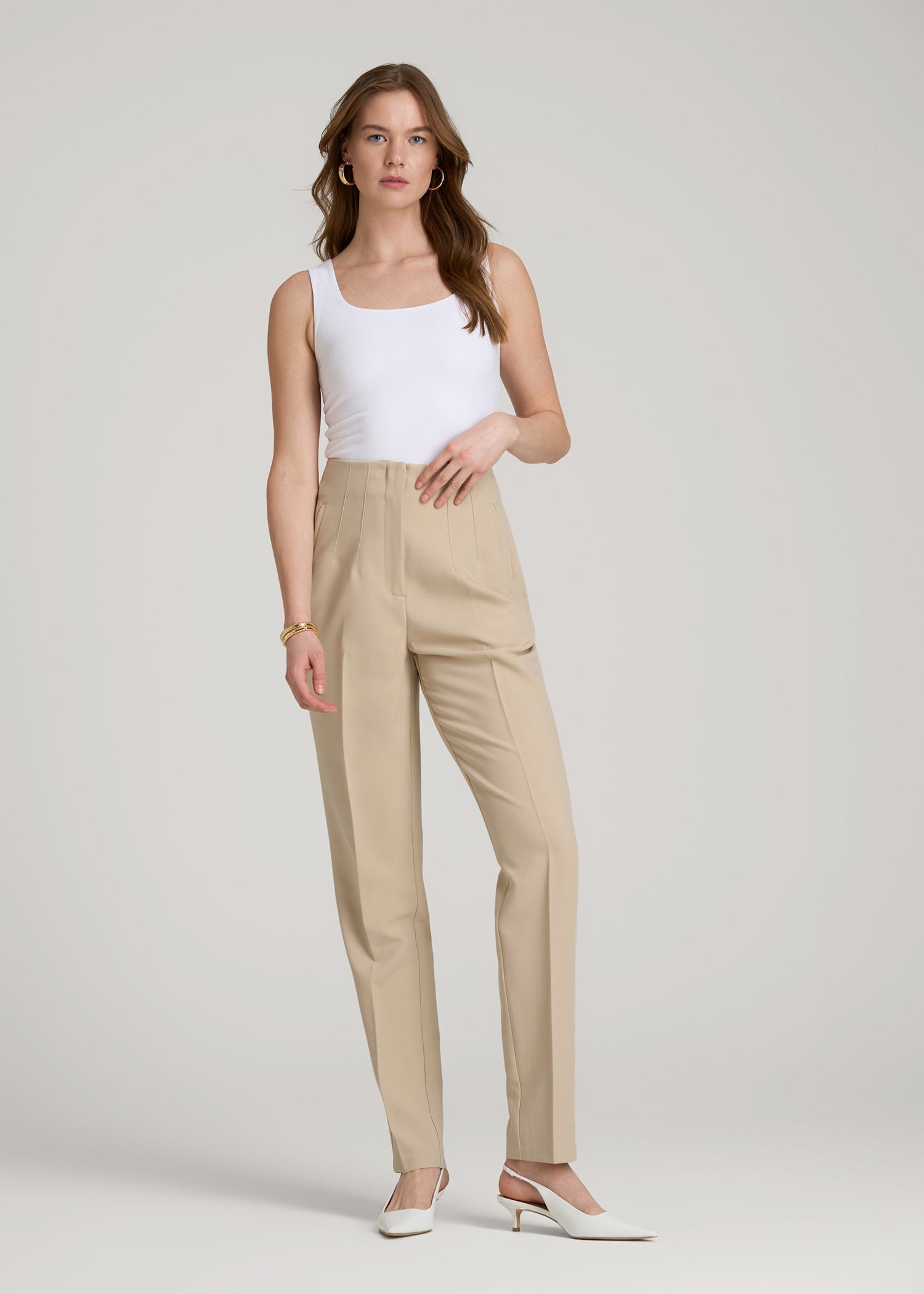 High Rise Pants with Darts for Tall Women in Light Camel