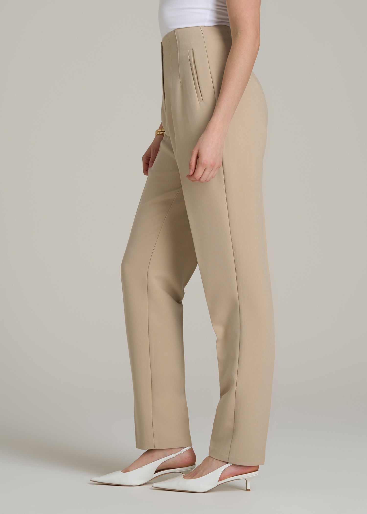 High Rise Pants with Darts for Tall Women in Light Camel