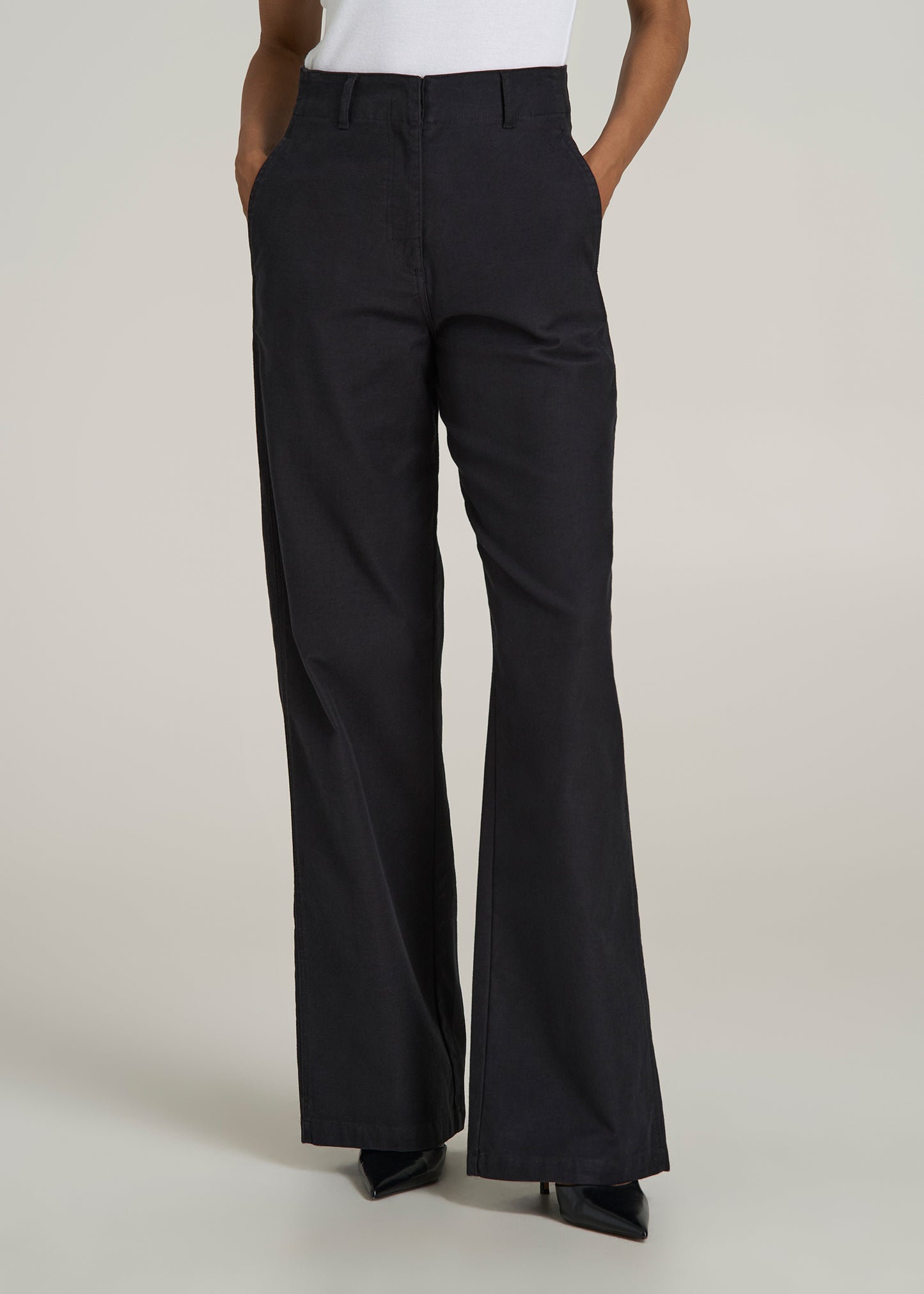 High Rise Wide Leg Flat Front Chino Pants for Tall Women in Black