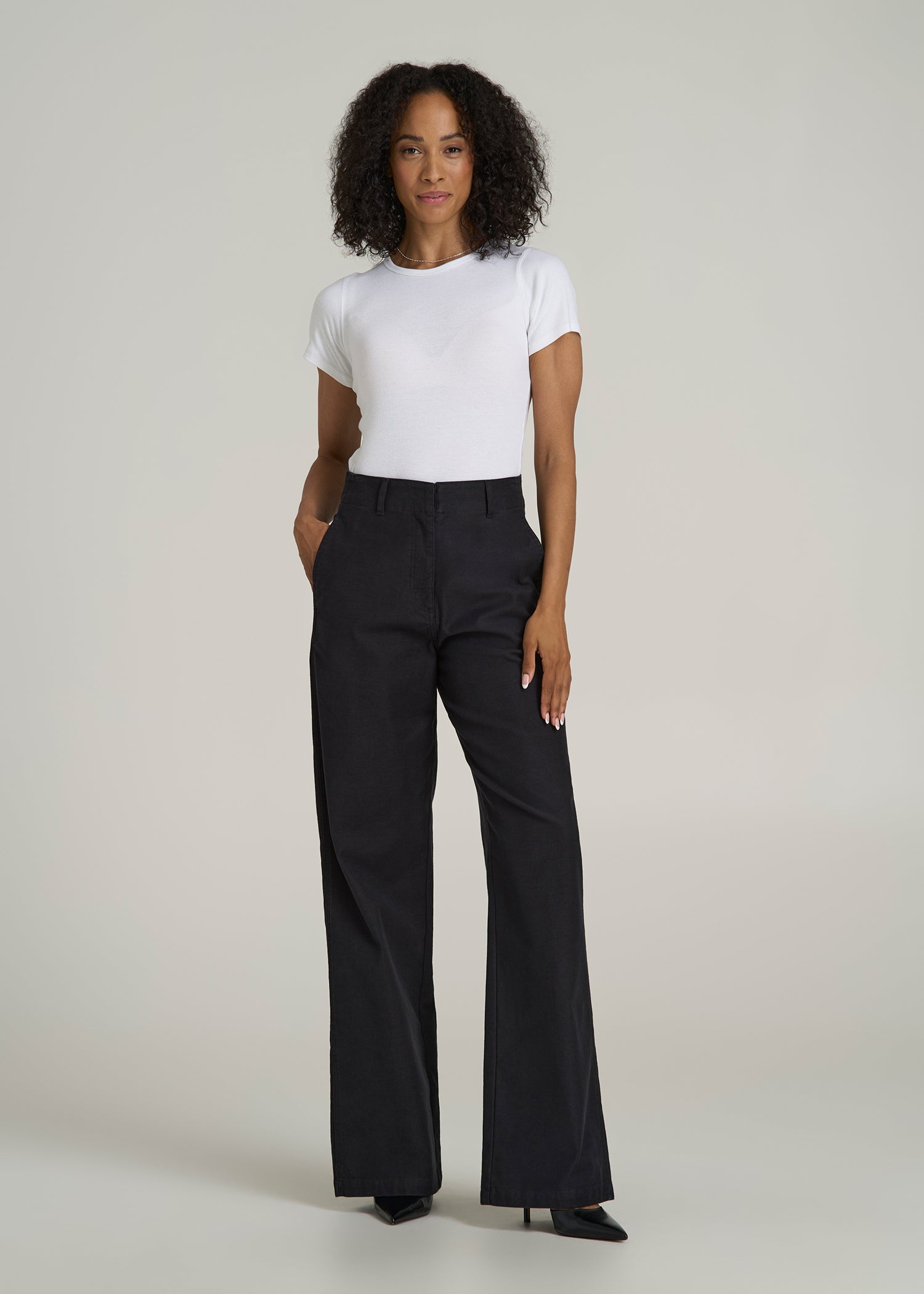 High Rise Wide-Leg Flat Front Chino Pants for Tall Women in Black