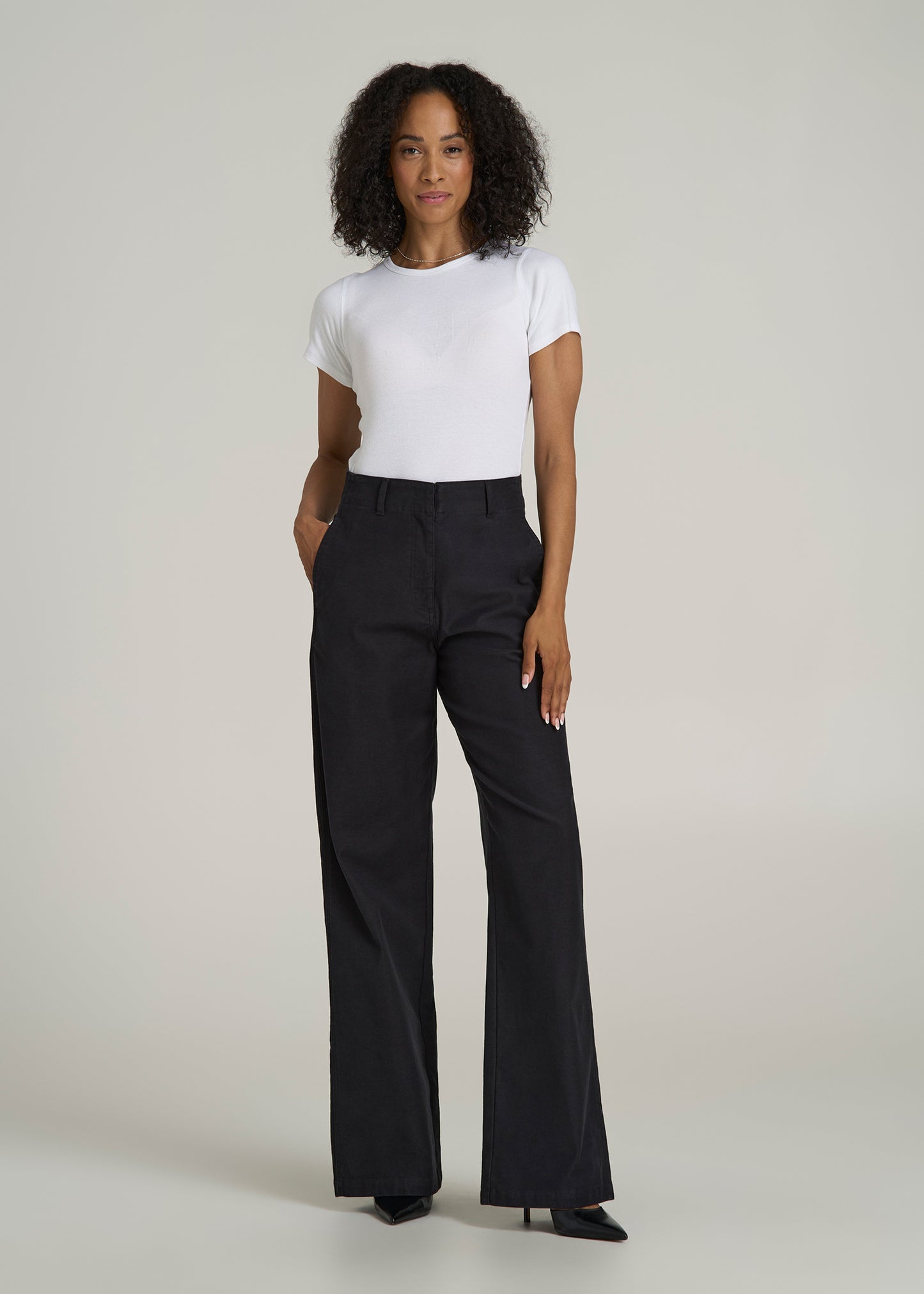 High Rise Wide Leg Flat Front Chino Pants for Tall Women in Black