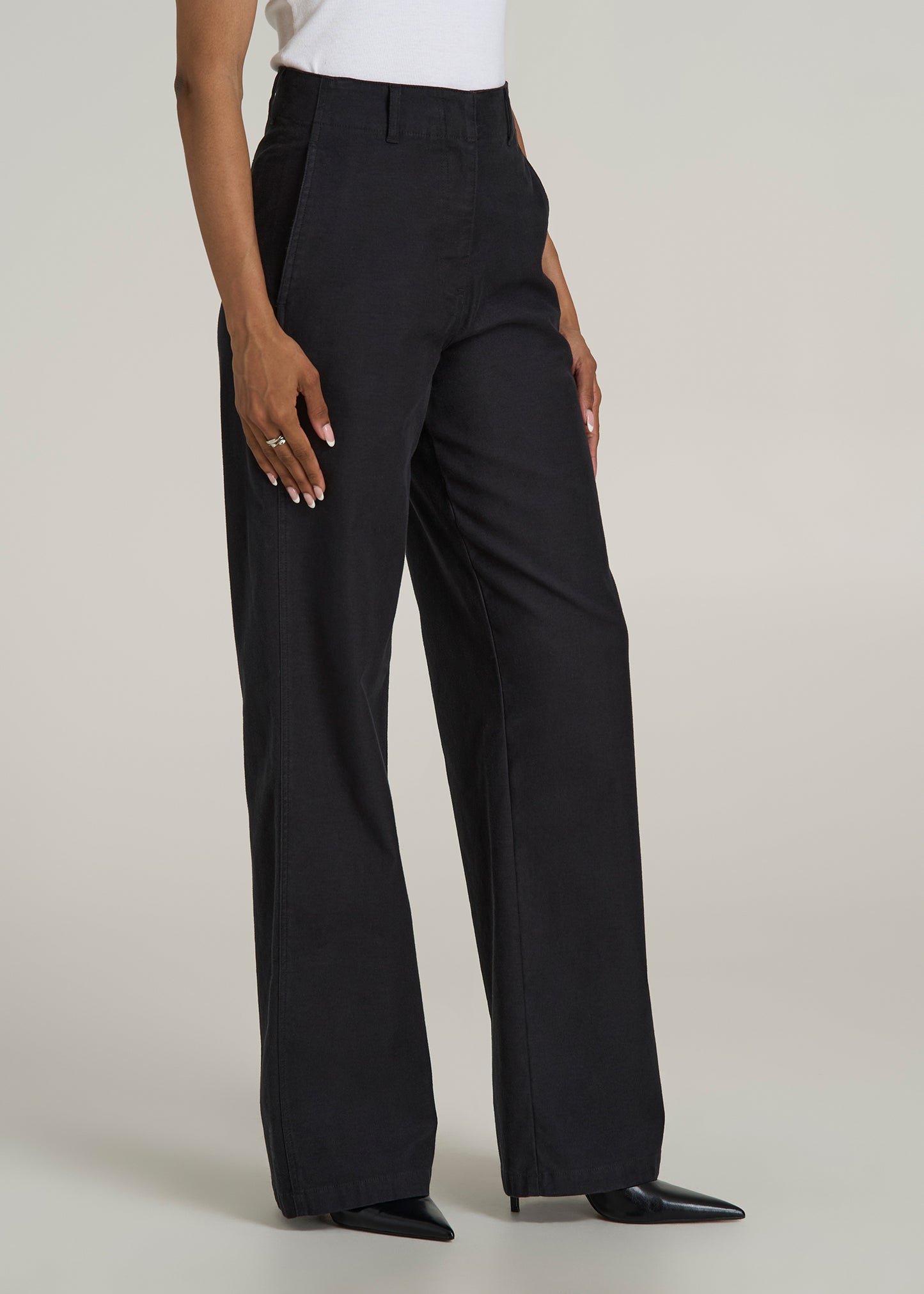 High Rise Wide Leg Flat Front Chino Pants for Tall Women in Black