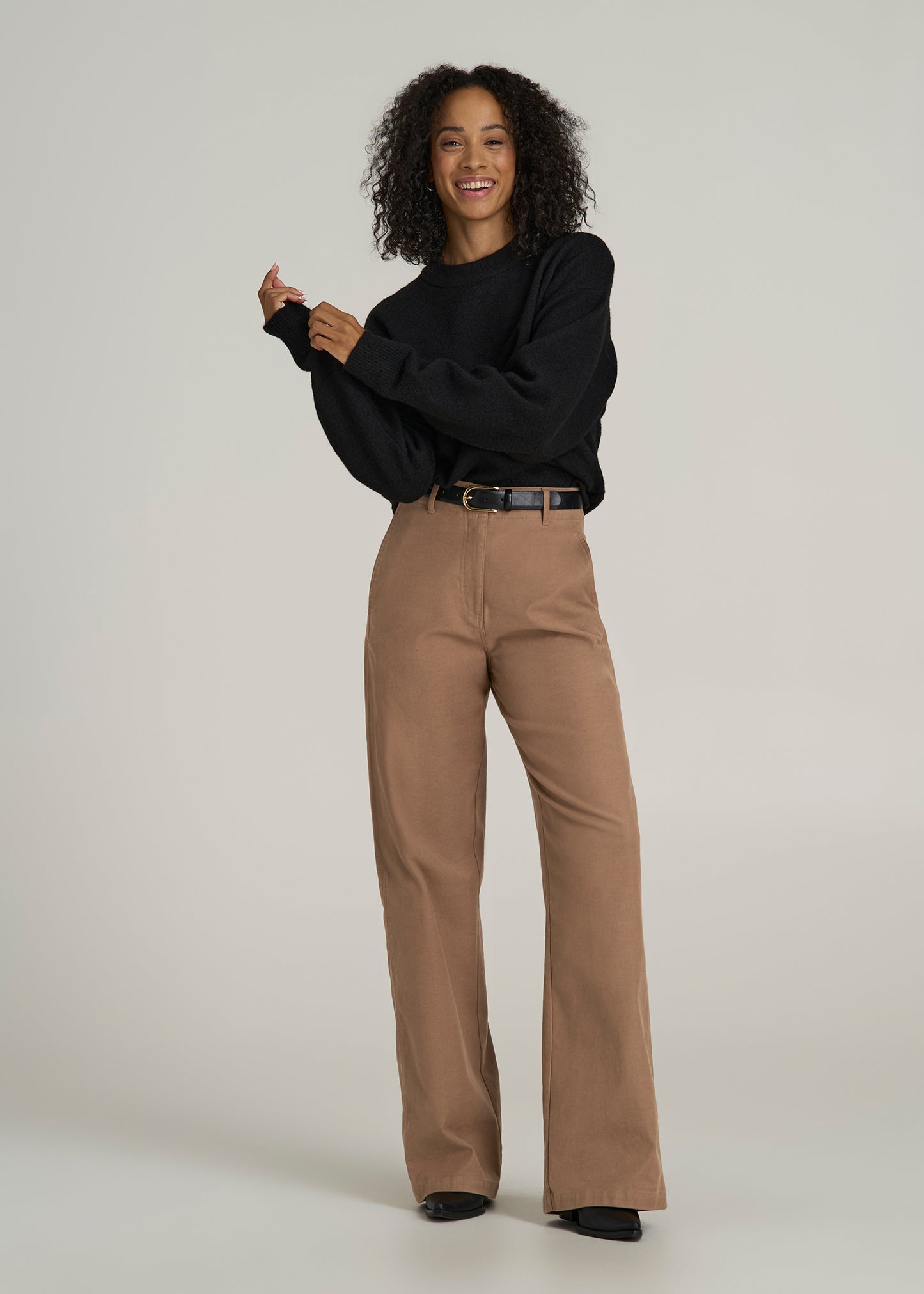 High Rise Wide Leg Flat Front Chino Pants for Tall Women in Fawn