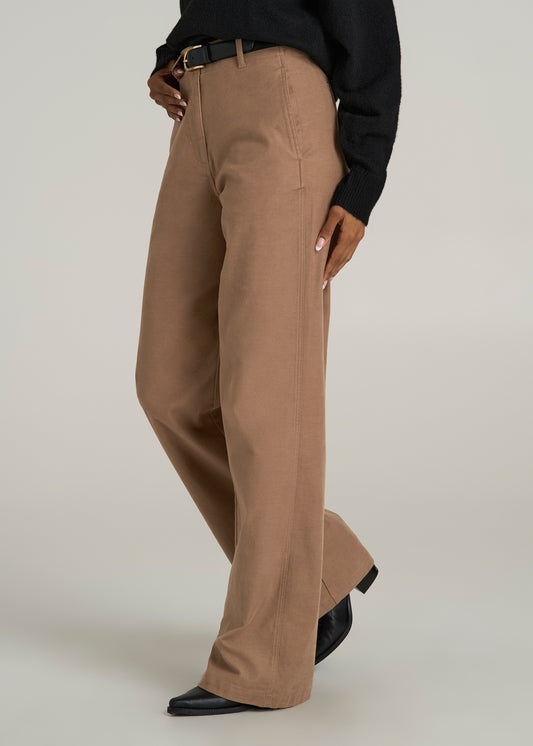 High Rise Wide Leg Flat Front Chino Pants for Tall Women in Fawn