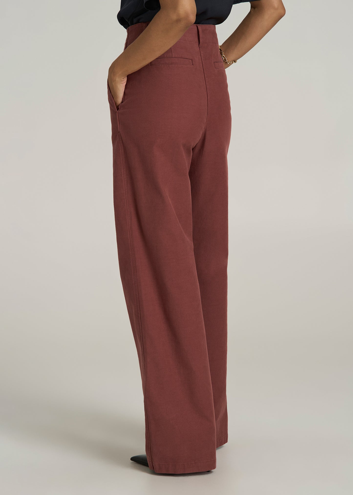 High Rise Wide Leg Flat Front Chino Pants for Tall Women in Intense Rust