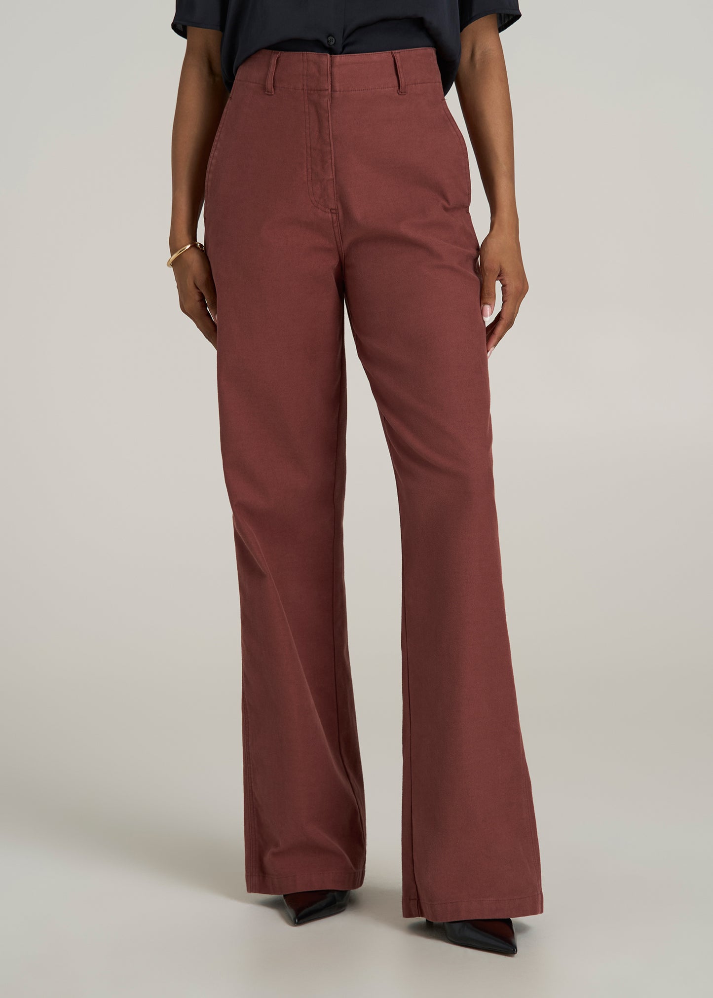 High Rise Wide Leg Flat Front Chino Pants for Tall Women in Intense Rust