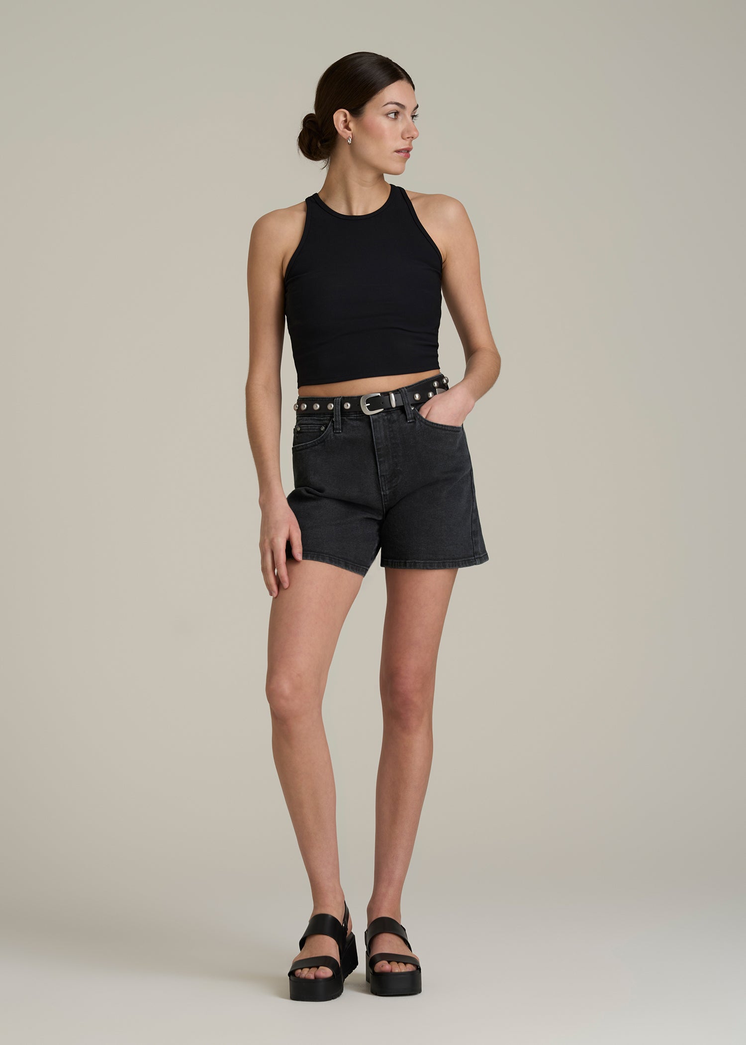 High Rise Denim Shorts for Tall Women in Onyx Black Wash