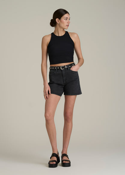 High Rise Denim Shorts for Tall Women in Onyx Black Wash