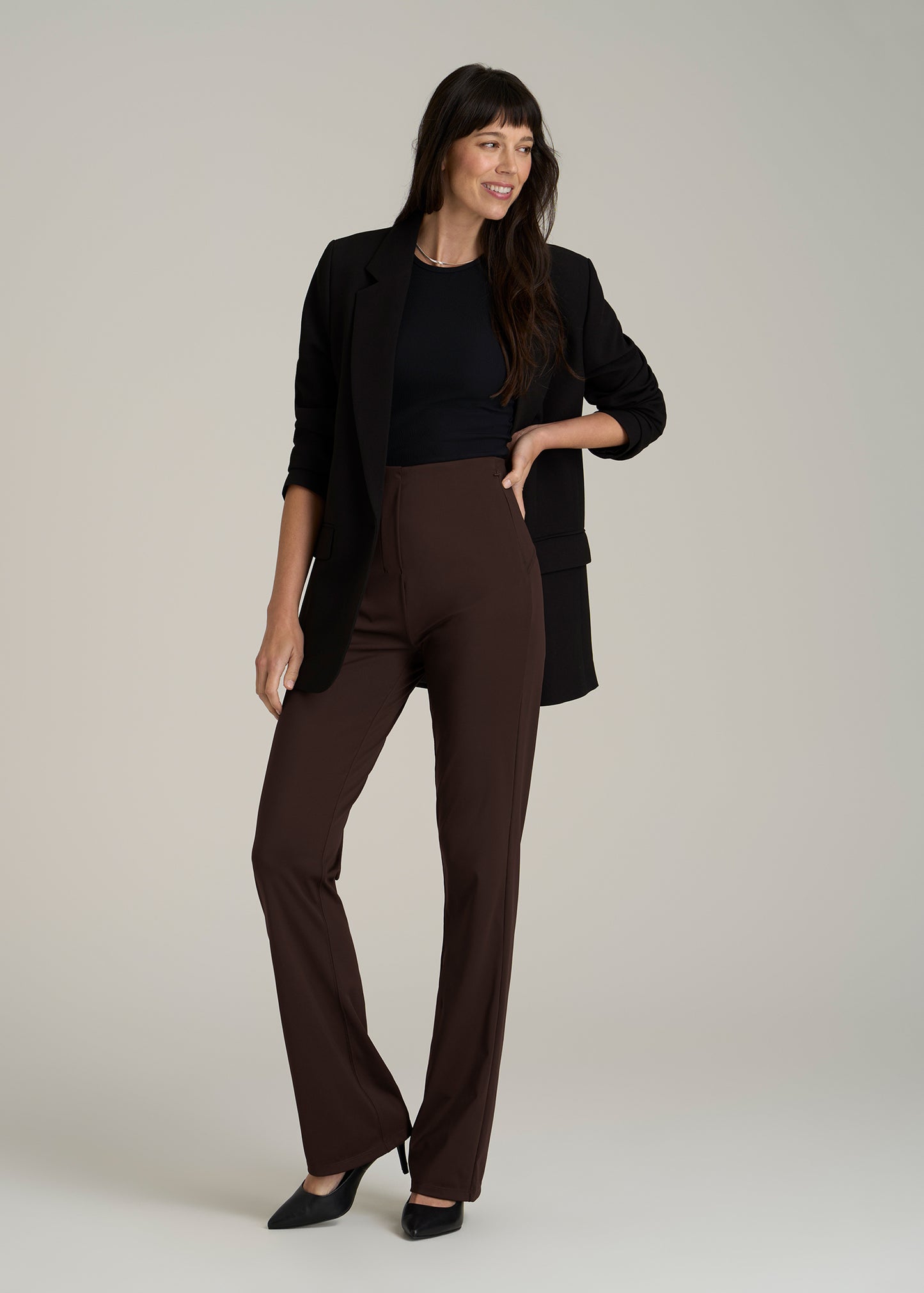 High Rise Pull On Mini Flare Pant for Tall Women in Espresso