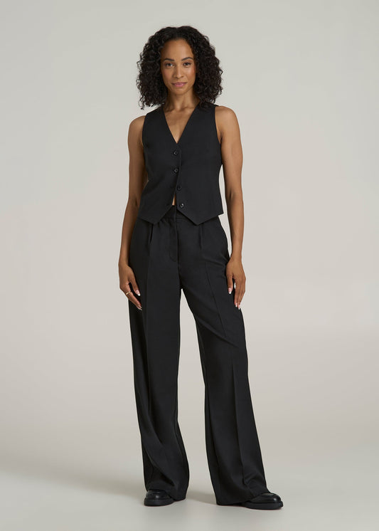 High-Rise Wide-Leg Pleated Dress Pants for Tall Women in Black