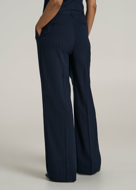 High-Rise Wide-Leg Pleated Dress Pants for Tall Women in Navy Pinstripe