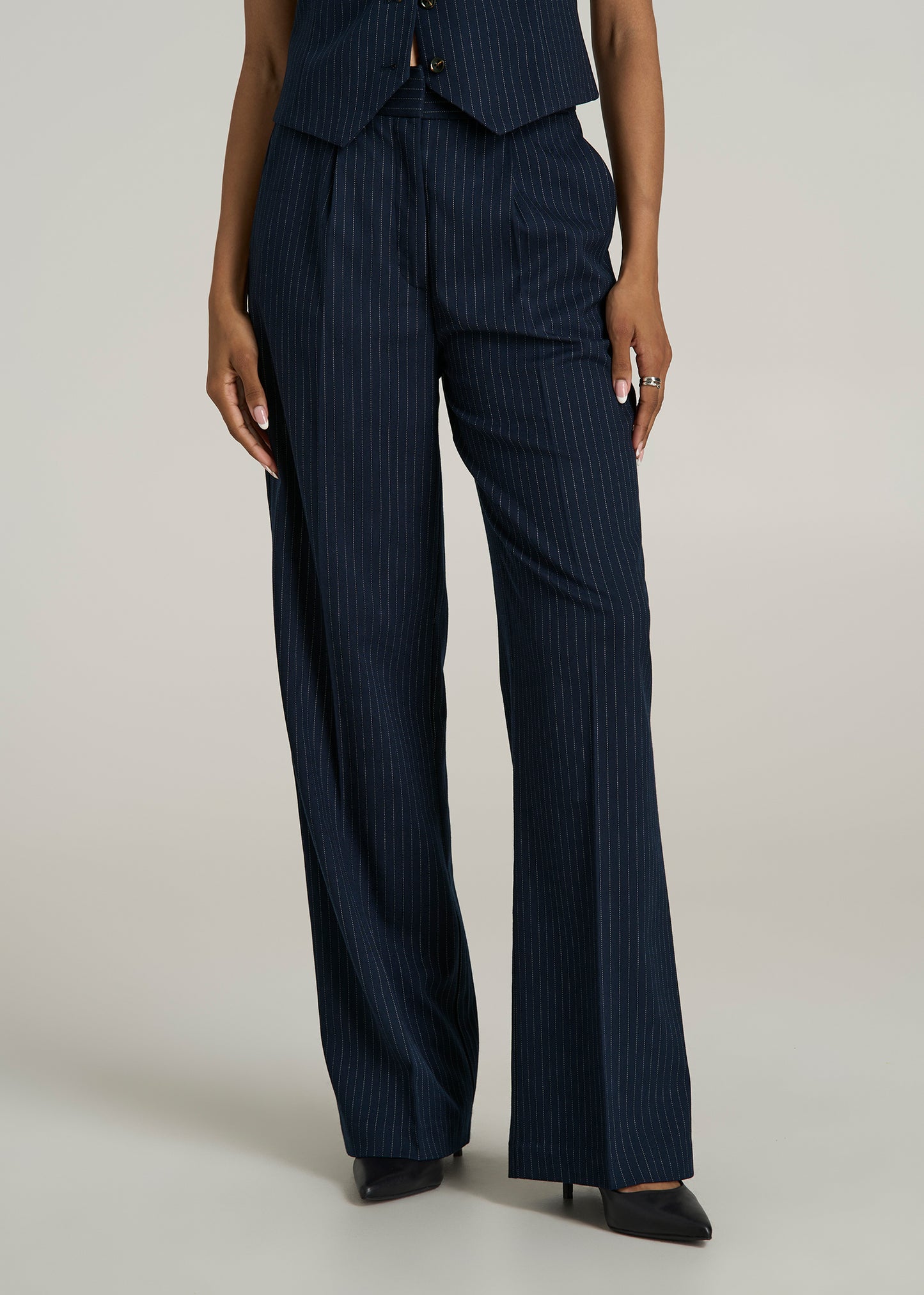 High Rise Wide Leg Pleated Dress Pants for Tall Women in Navy Pinstripe 16 Extra Tall Navy Pinstripe