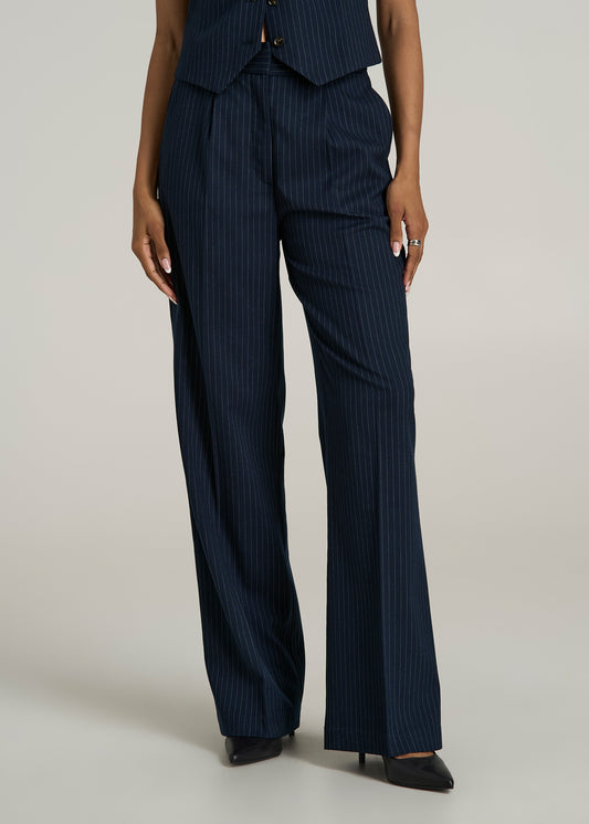 High-Rise Wide-Leg Pleated Dress Pants for Tall Women in Navy Pinstripe