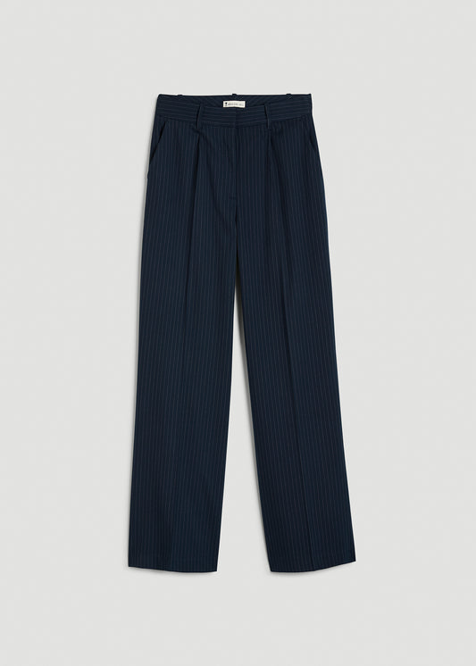 High-Rise Wide-Leg Pleated Dress Pants for Tall Women in Navy Pinstripe