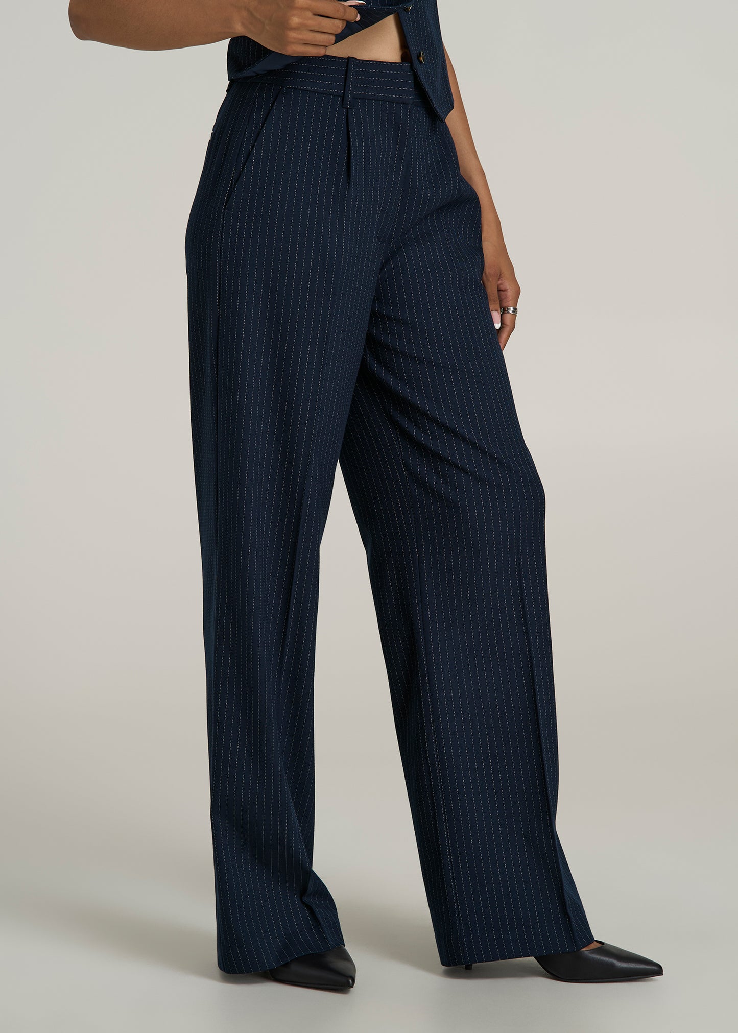 High-Rise Wide-Leg Pleated Dress Pants for Tall Women in Navy Pinstripe