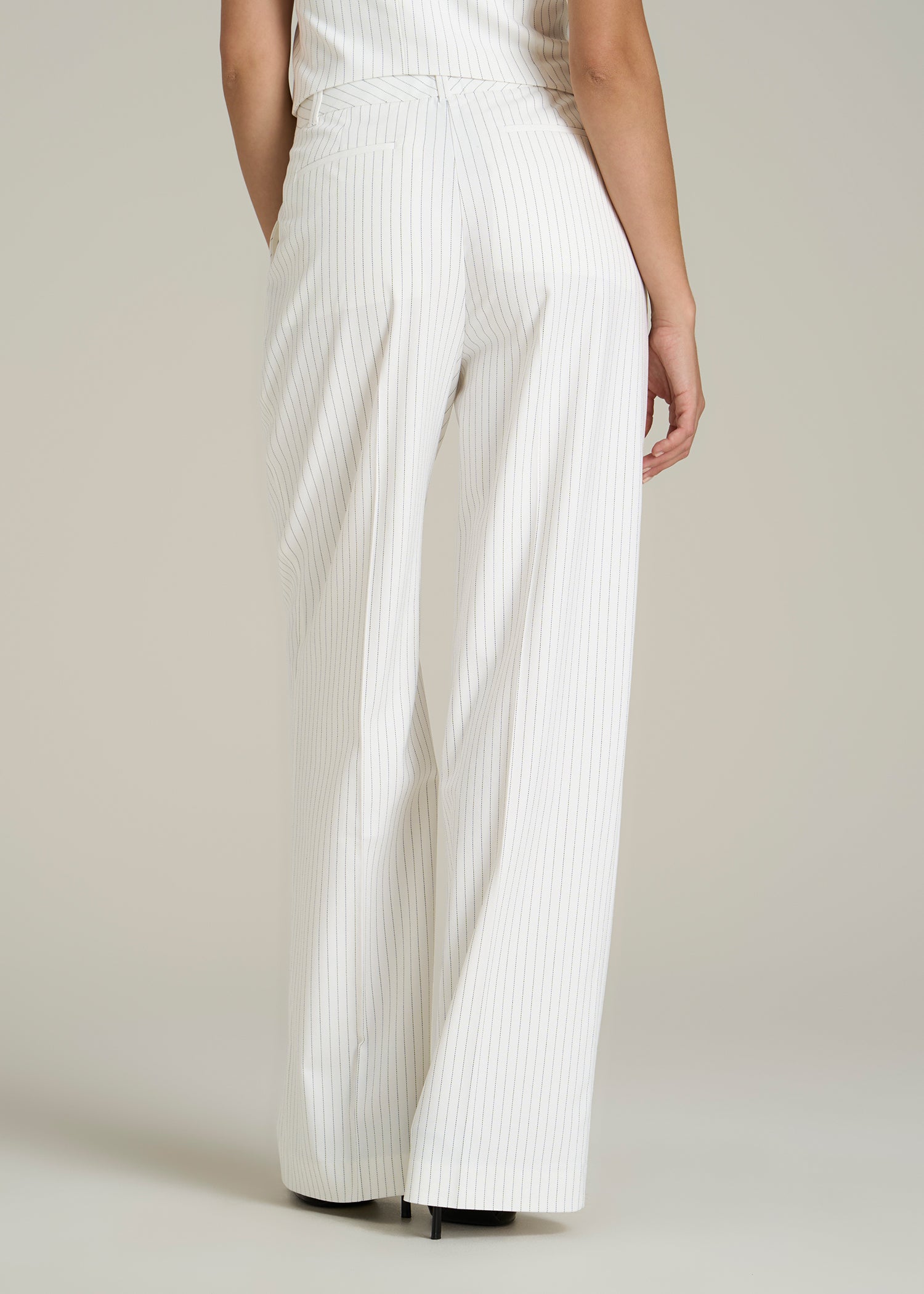 High-Rise Wide-Leg Pleated Dress Pants for Tall Women in Off White Pinstripe