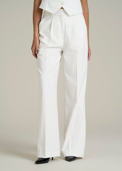 High-Rise Wide-Leg Pleated Dress Pants for Tall Women in Off White Pinstripe