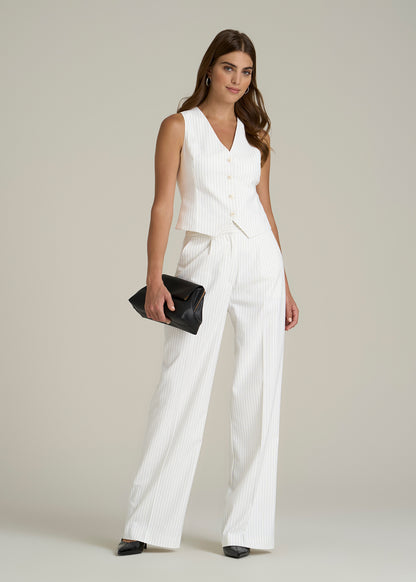 High-Rise Wide-Leg Pleated Dress Pants for Tall Women in Off White Pinstripe