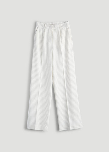 High-Rise Wide-Leg Pleated Dress Pants for Tall Women in Off White Pinstripe