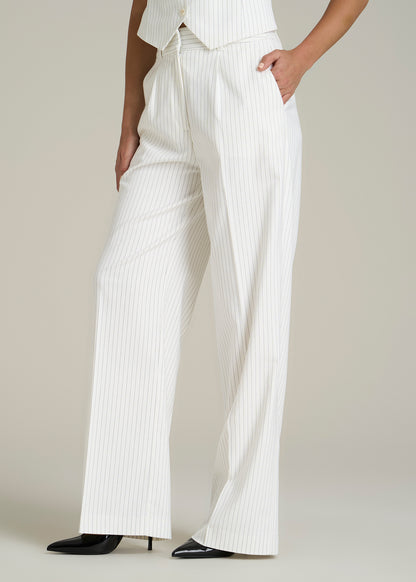 High-Rise Wide-Leg Pleated Dress Pants for Tall Women in Off White Pinstripe