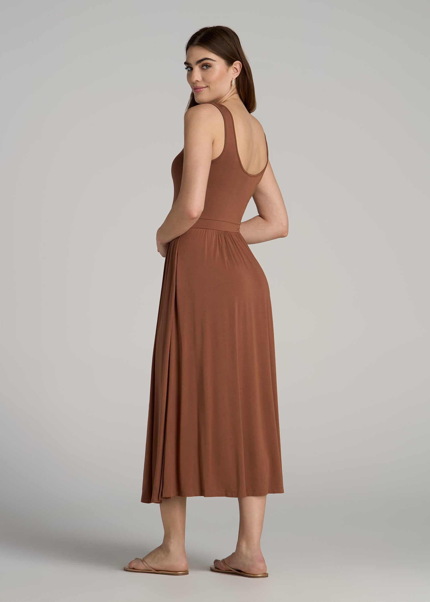 Jersey Tank Dress with Pockets for Tall Women in Clay Brown