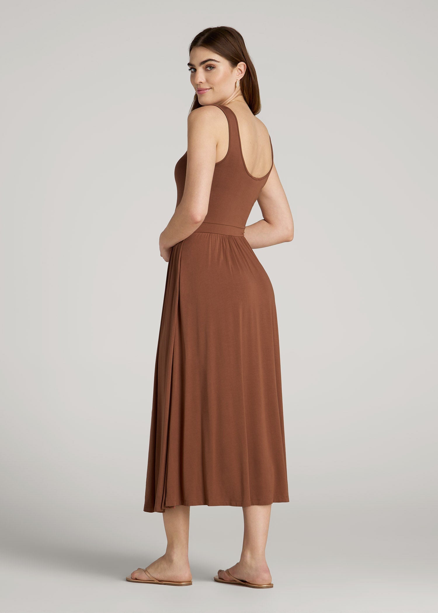womens brown midi dress Jersey Tank Dress with Pockets for Tall Women in Clay Brown XL / Tall / Clay Brown