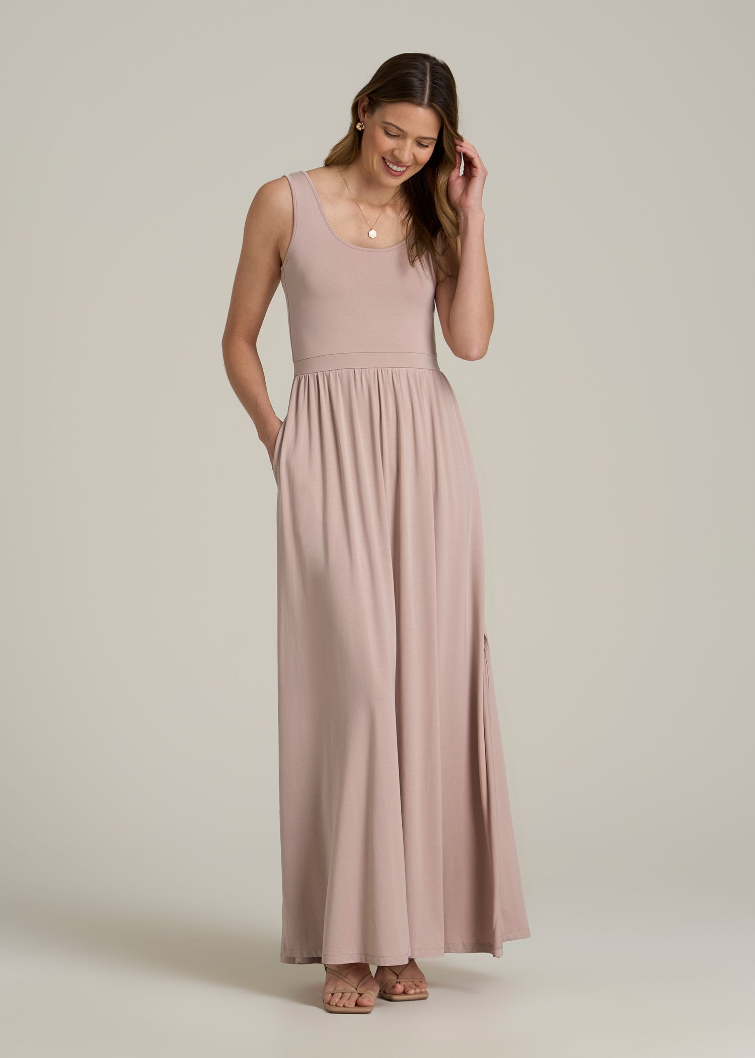 Jersey Tank Maxi Dress with Pockets for Tall Women in Desert Rose