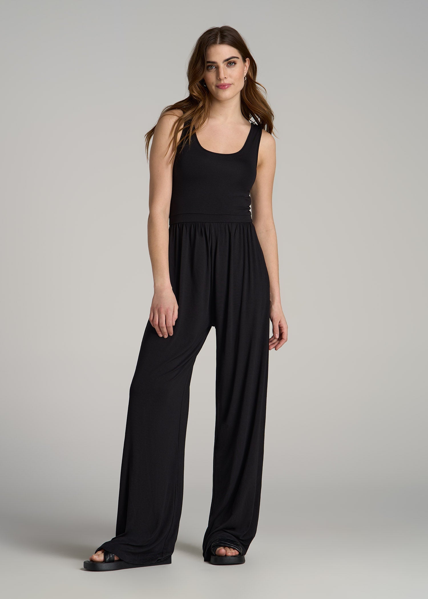 Jersey Tank Wide-Leg Jumpsuit with Pockets for Tall Women in Black