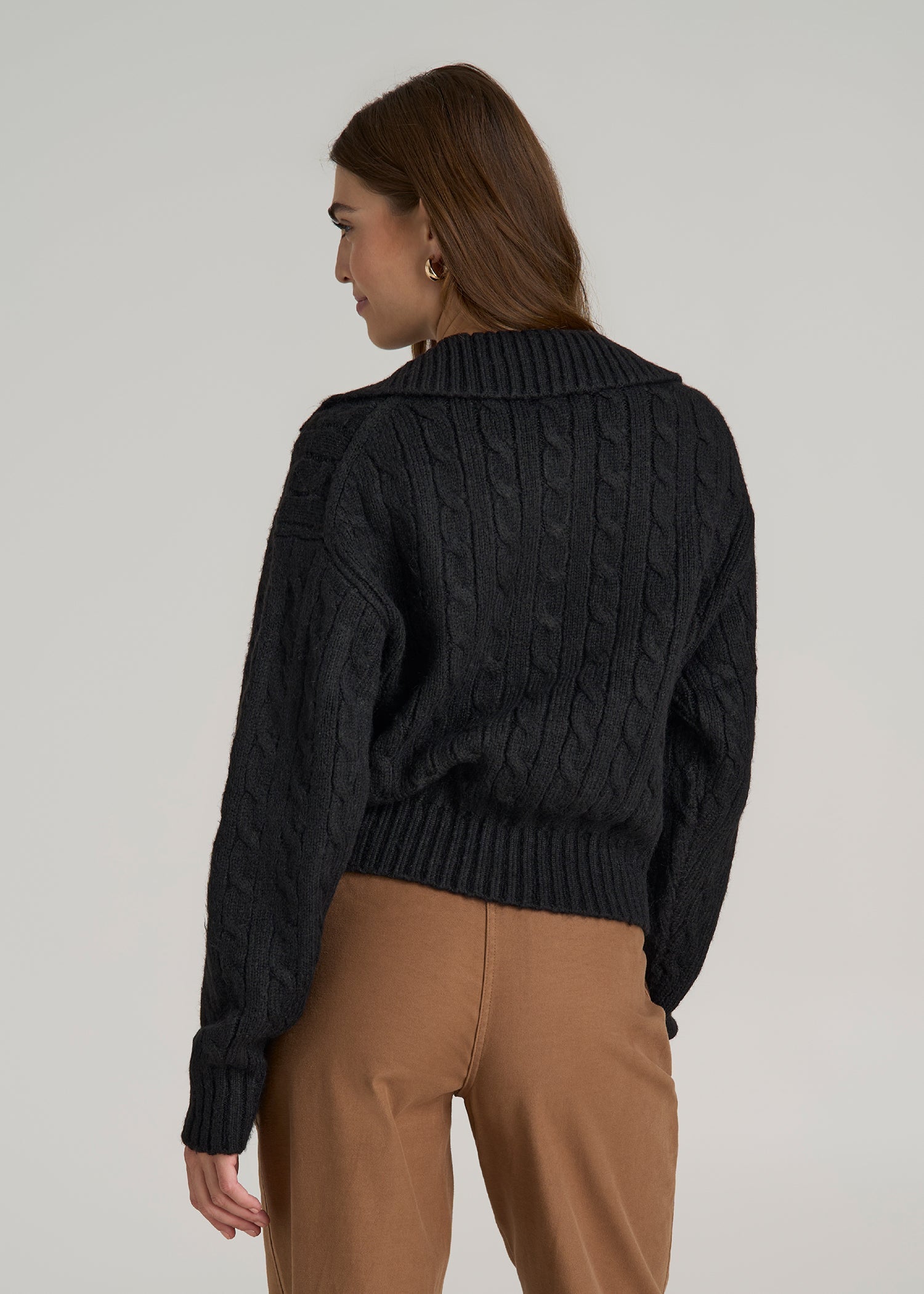 Johnny Collar Cable Knit Sweater for Tall Women in Black