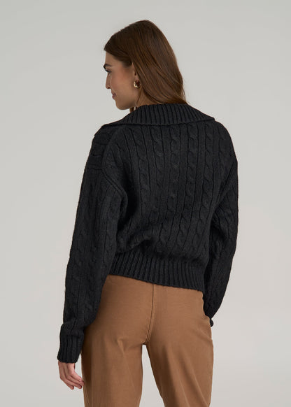 Johnny Collar Cable Knit Sweater for Tall Women in Black