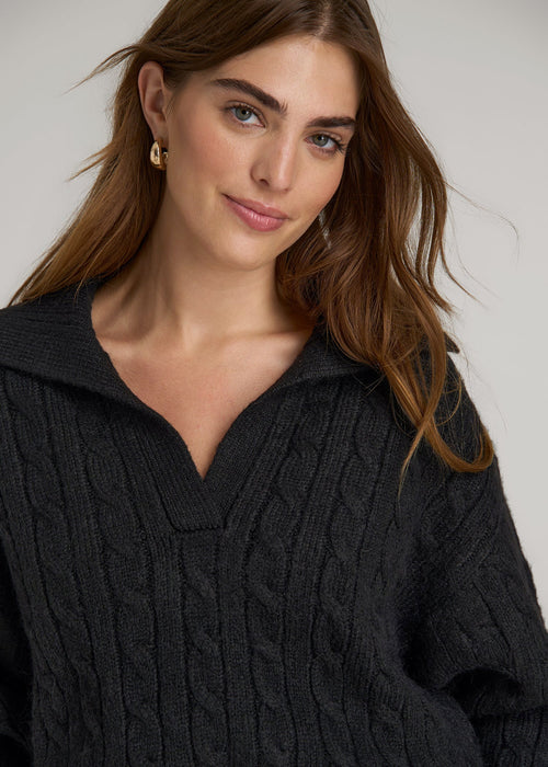Johnny Collar Cable Knit Sweater for Tall Women in Black
