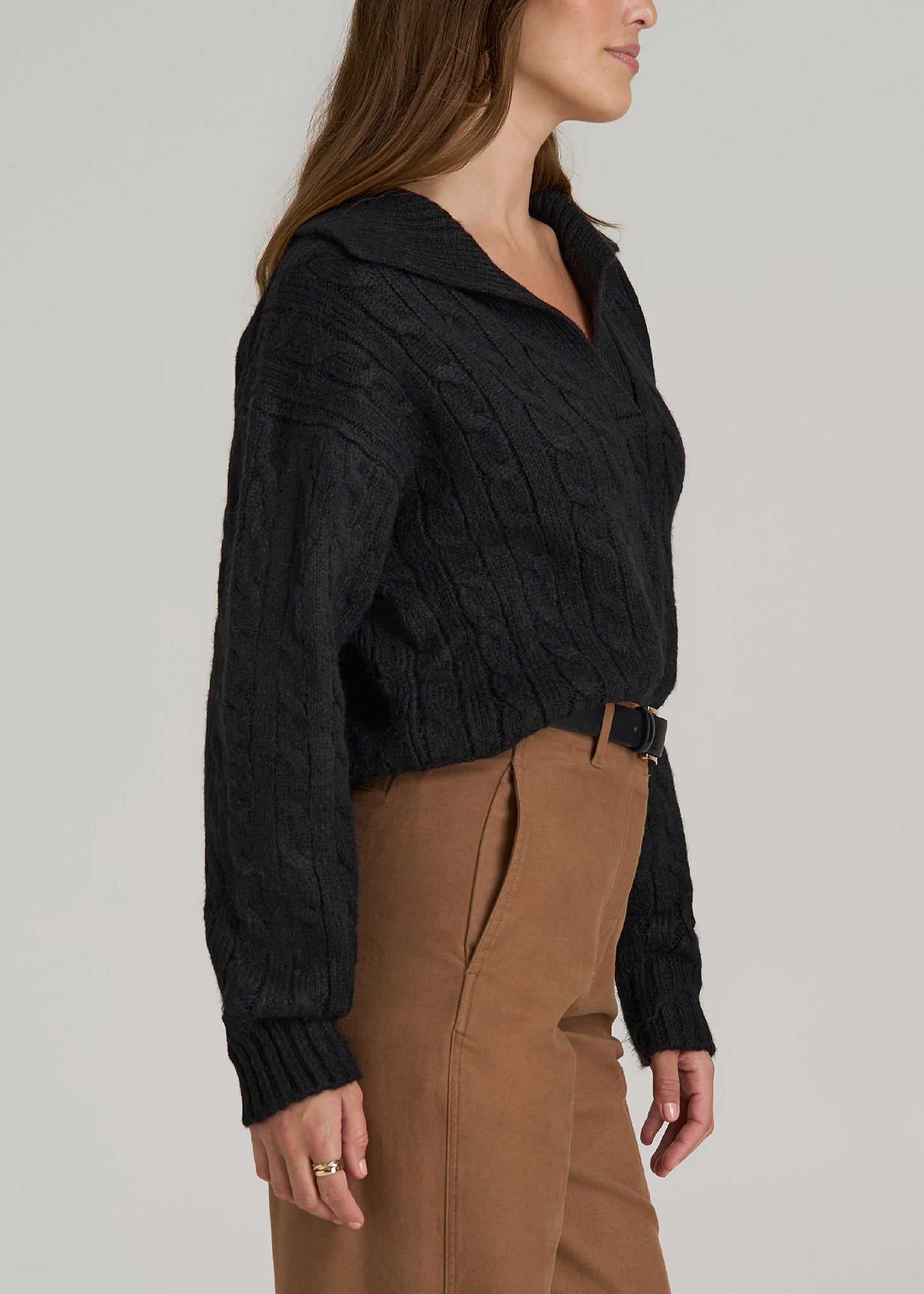 Johnny Collar Cable Knit Sweater for Tall Women in Black