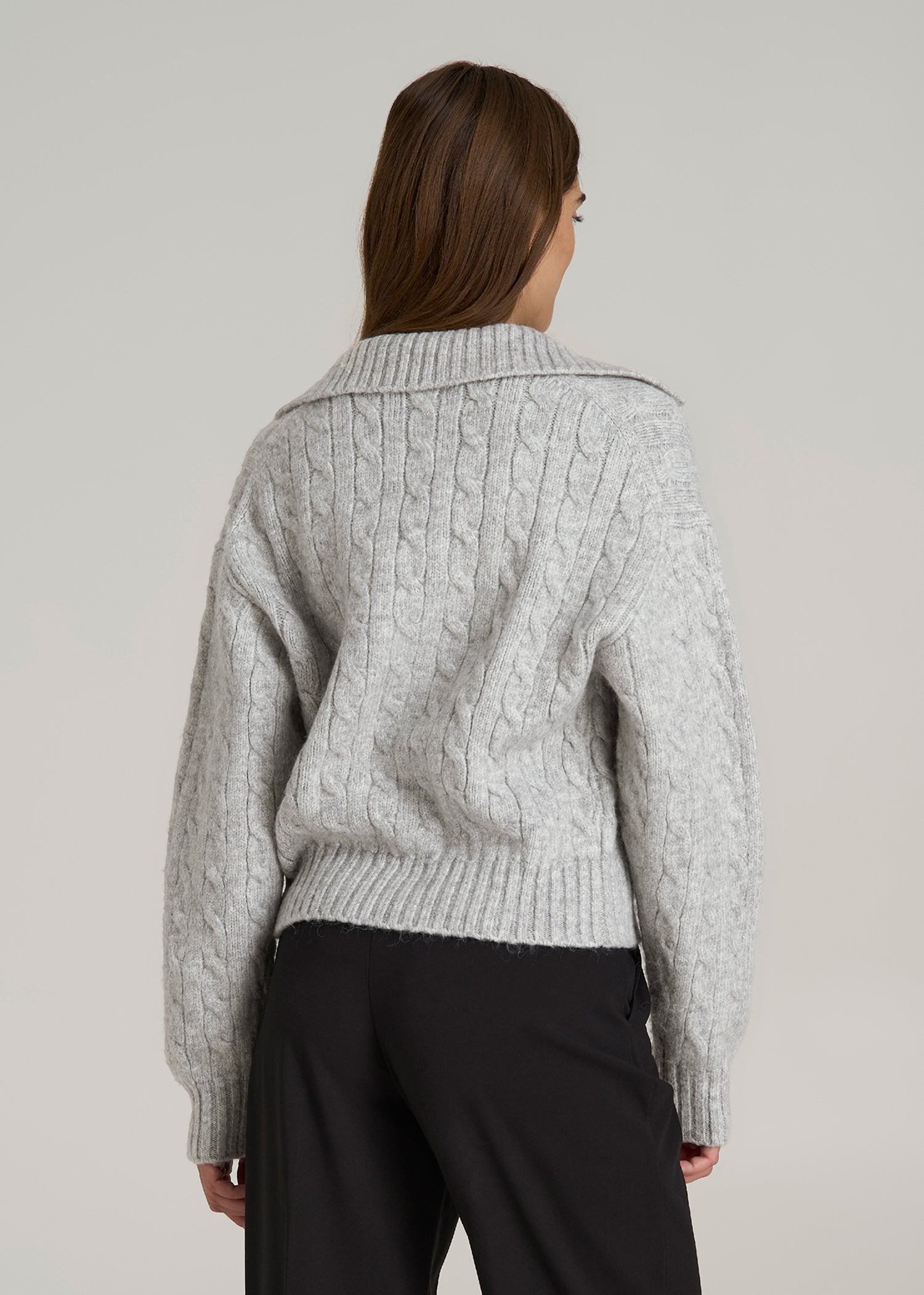 Johnny Collar Cable Knit Sweater for Tall Women in Grey Mix