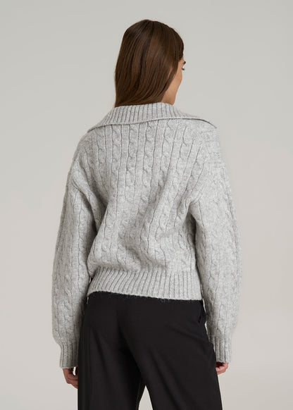 Johnny Collar Cable Knit Sweater for Tall Women in Grey Mix
