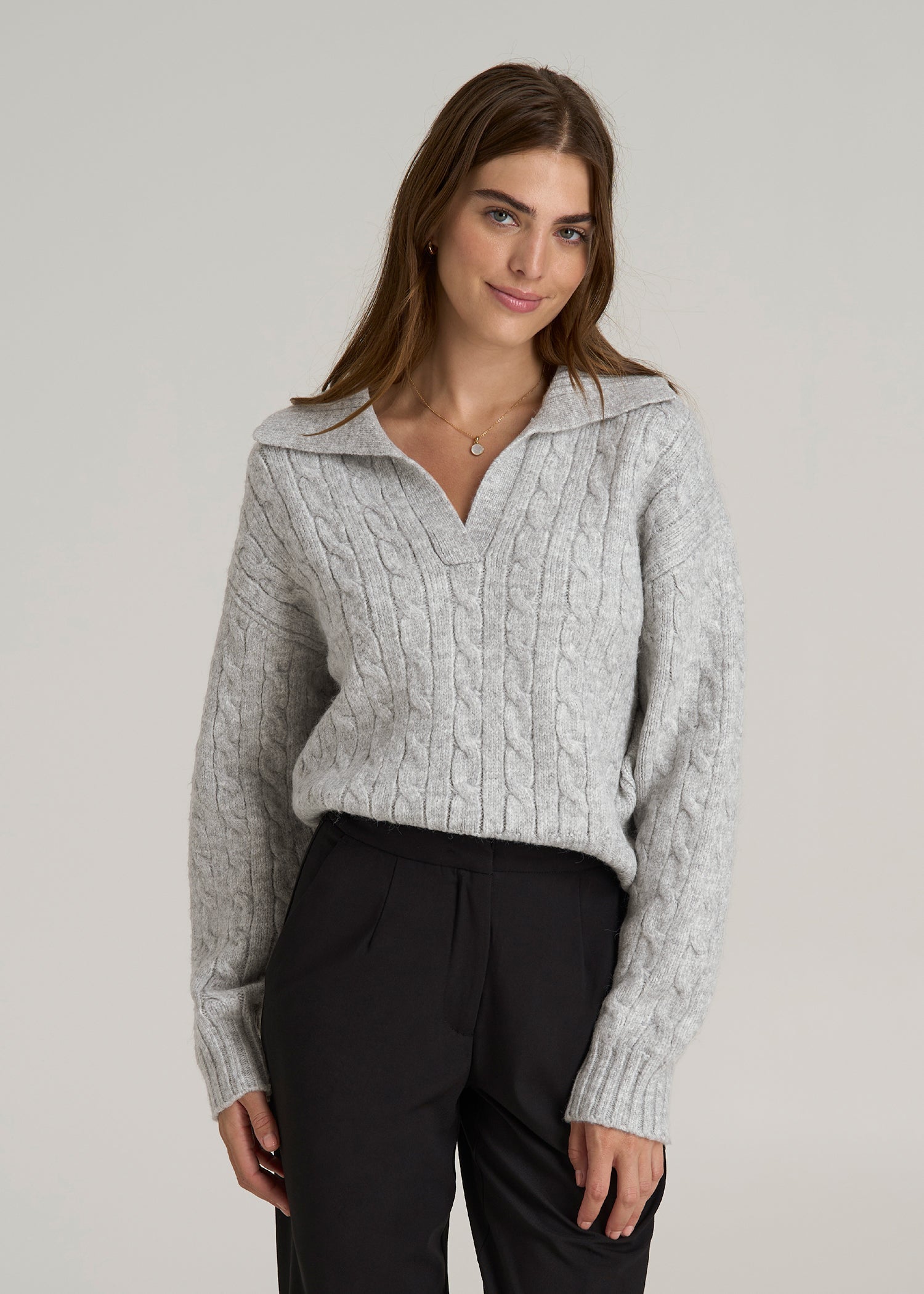 Johnny Collar Cable Knit Sweater for Tall Women | American Tall