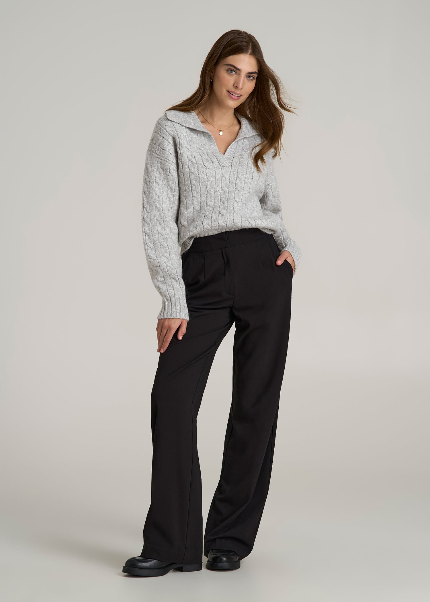 Johnny Collar Cable Knit Sweater for Tall Women in Grey Mix