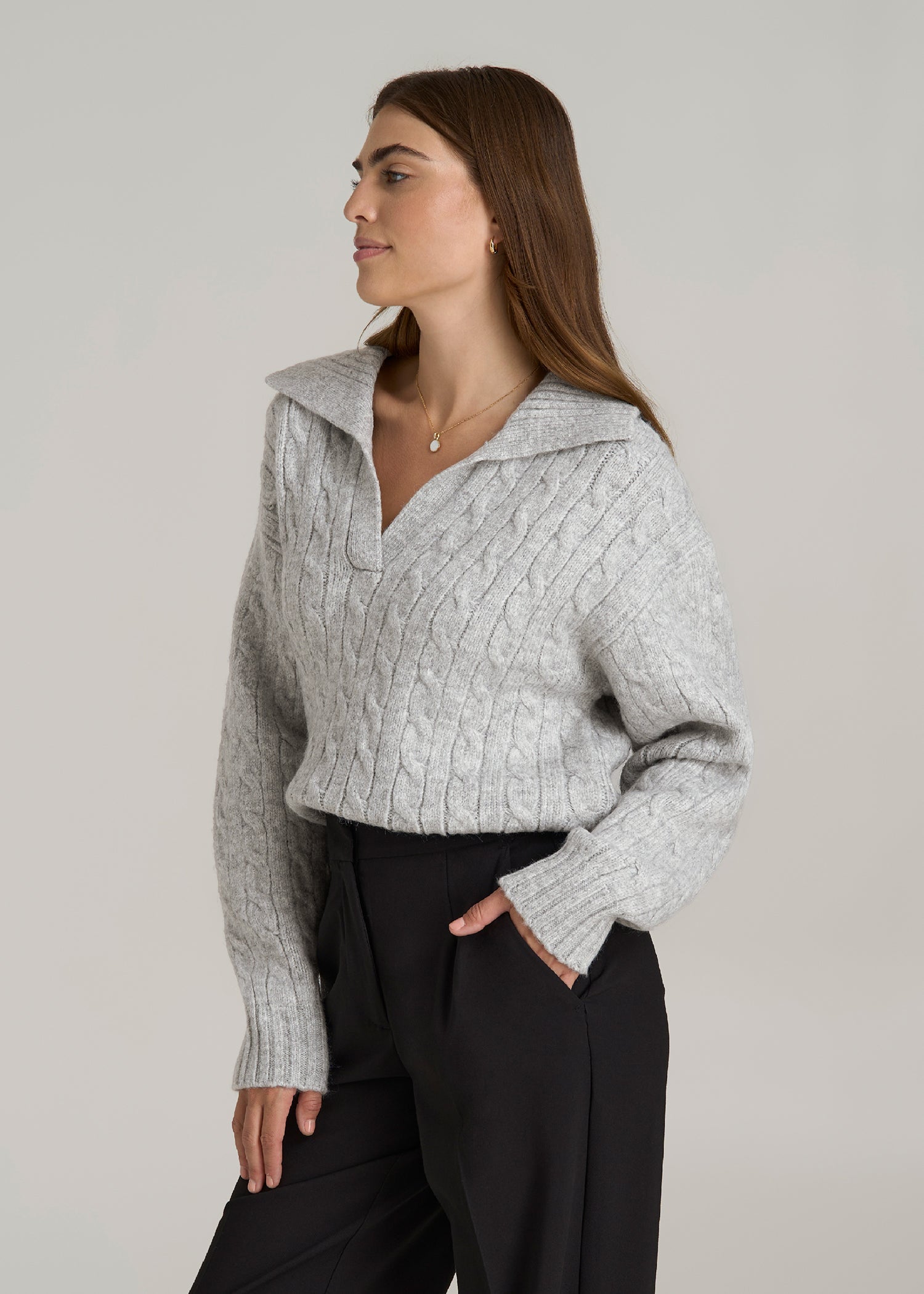 Johnny Collar Cable Knit Sweater for Tall Women in Grey Mix