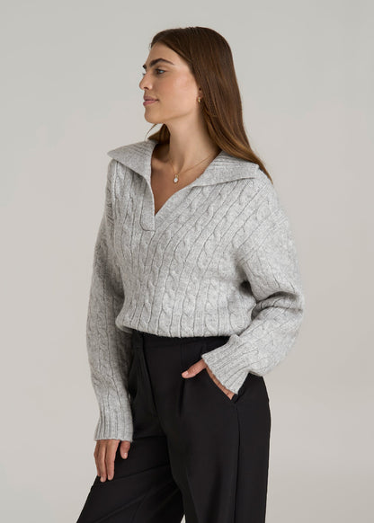 Johnny Collar Cable Knit Sweater for Tall Women in Grey Mix