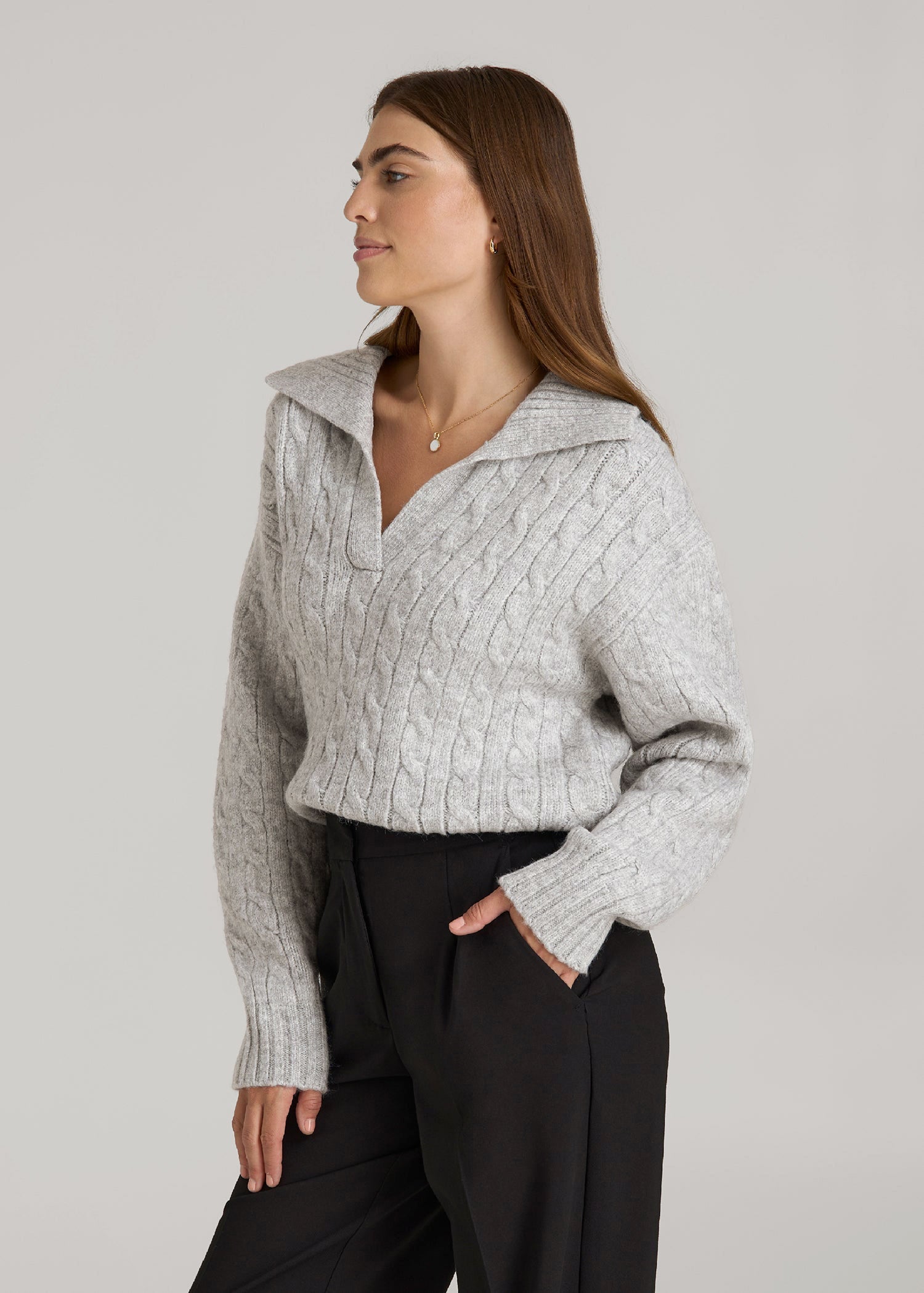 Johnny Collar Cable Knit Sweater for Tall Women in Grey Mix