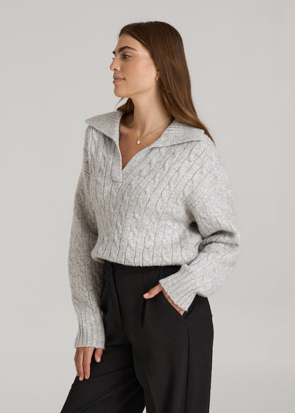 Johnny Collar Cable Knit Sweater for Tall Women in Grey Mix
