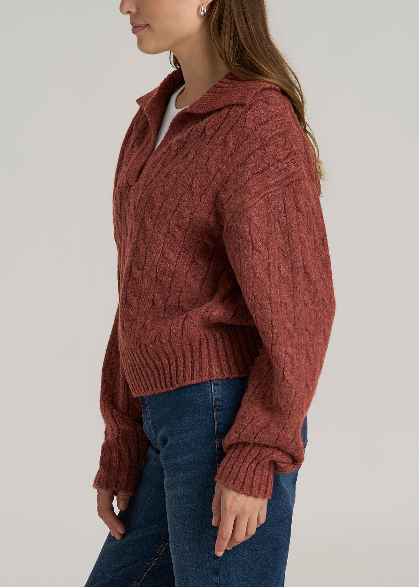 Johnny Collar Cable Knit Sweater for Tall Women in Intense Rust