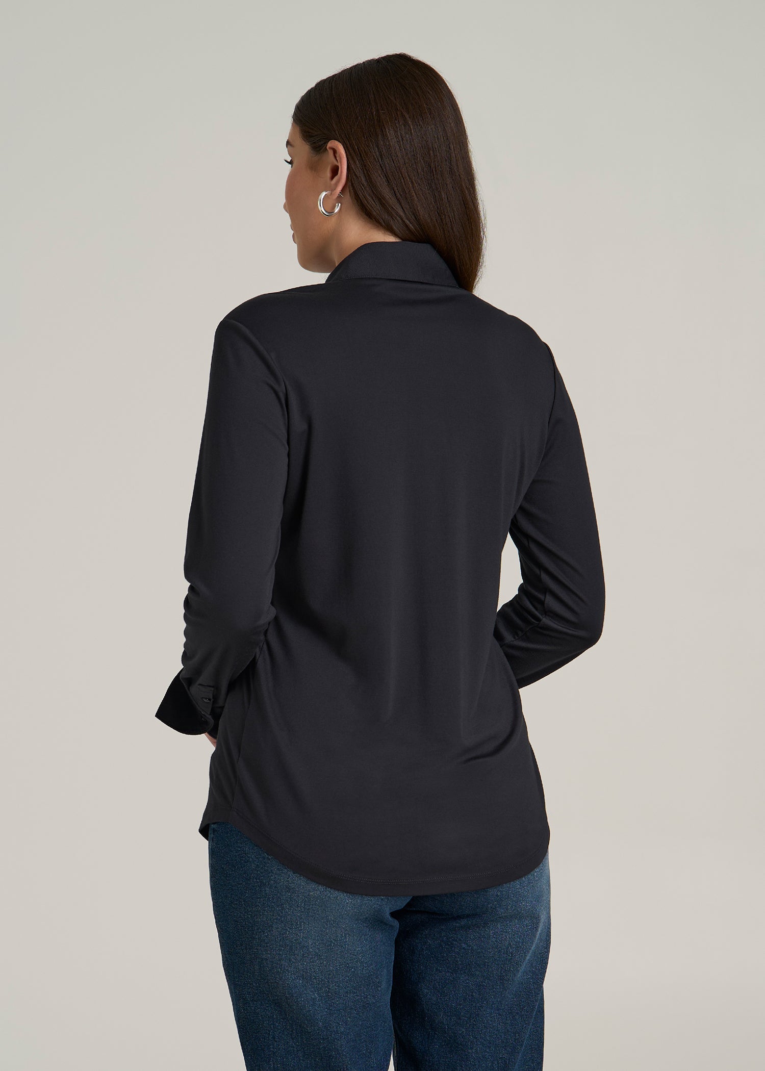 Slub Knit Button-Up Shirt for Tall Women in Black