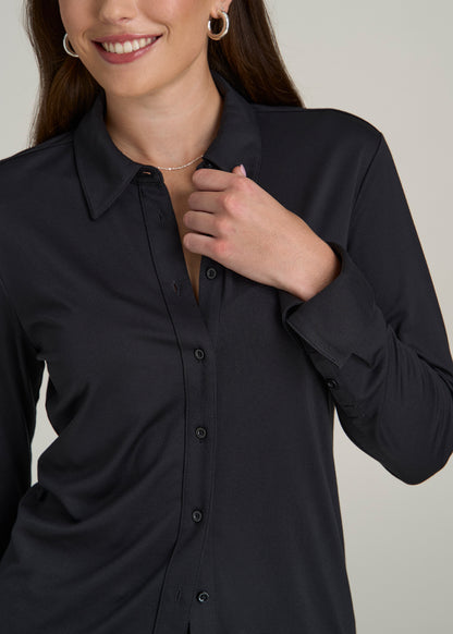 Slub Knit Button-Up Shirt for Tall Women in Black