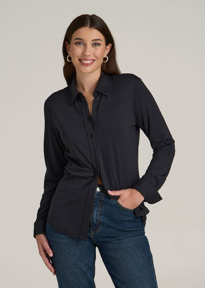 Slub Knit Button-Up Shirt for Tall Women in Black