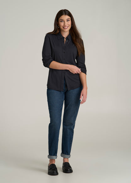 Slub Knit Button-Up Shirt for Tall Women in Black
